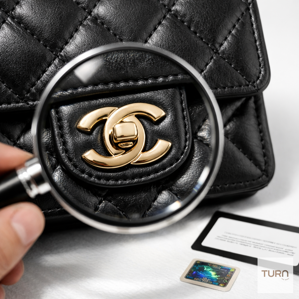 Expert en maroquinerie de luxe authentifiant un sac avec une loupe à Paris