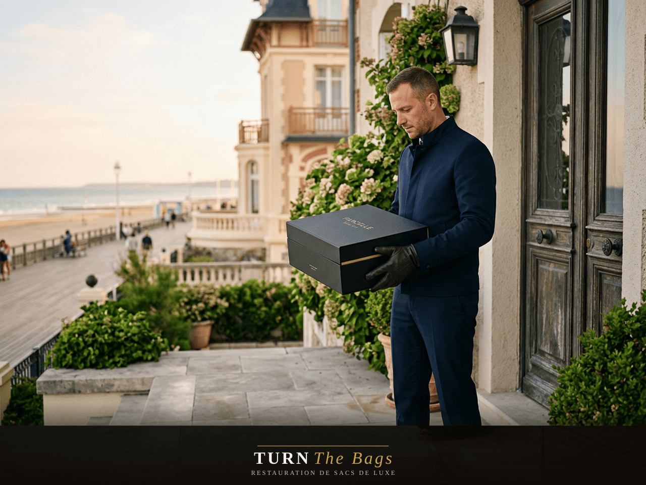 Coursier DHL Luxe récupérant un sac de luxe à domicile à Deauville près des Planches