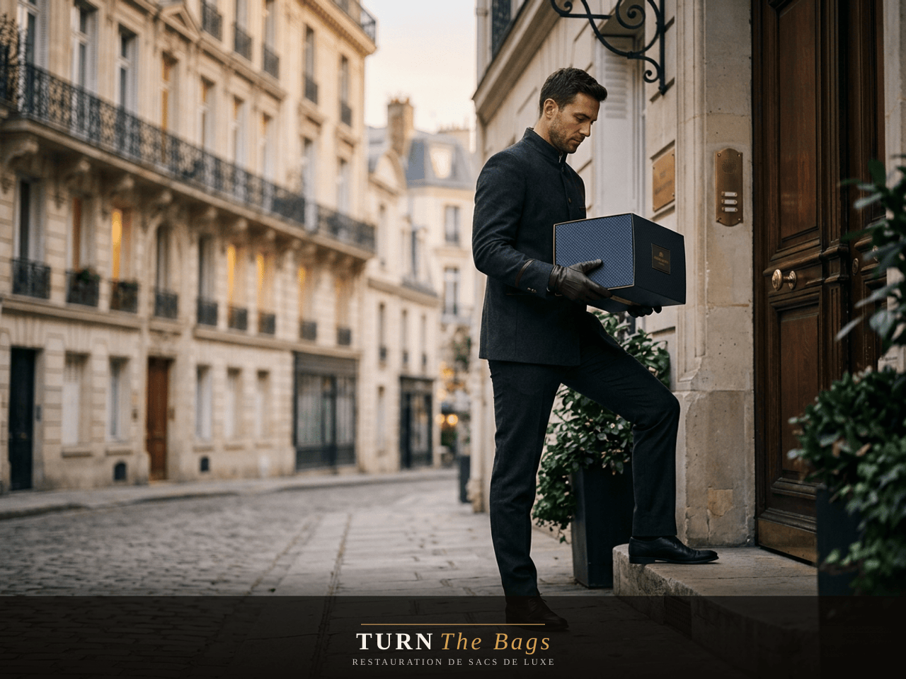 Coursier DHL Luxe récupérant un sac de luxe à domicile à Nantes rue Crébillon