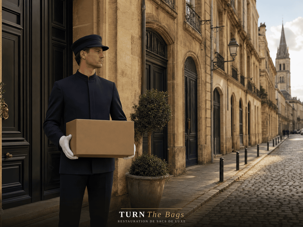 Coursier DHL Luxe récupérant un sac de luxe à Bordeaux, quartier des Chartrons