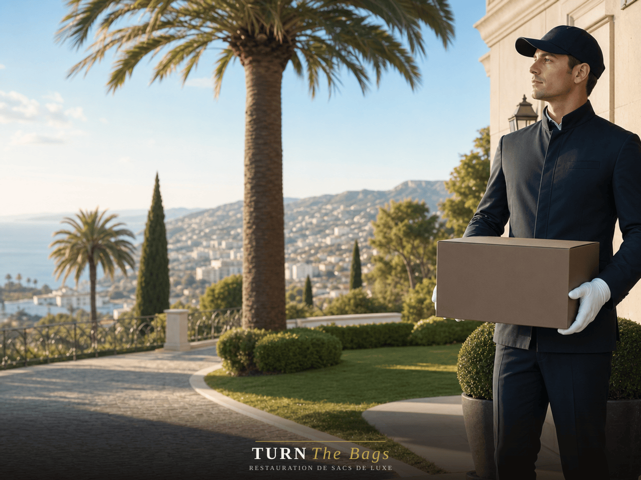 Coursier DHL Luxe récupérant un sac de luxe à Cannes, quartier La Californie