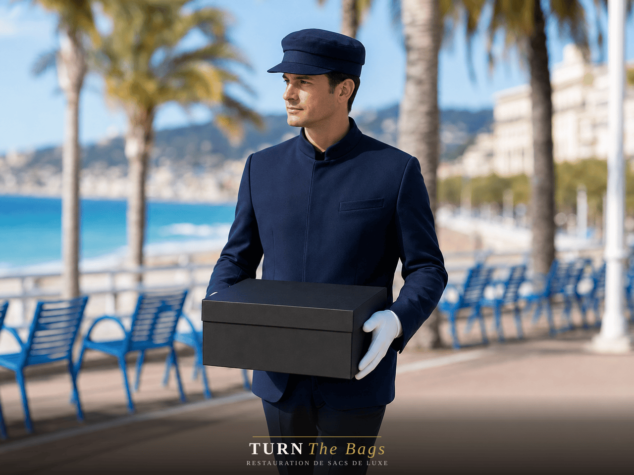 Coursier DHL Luxe avec un sac de luxe à Nice, Promenade des Anglais