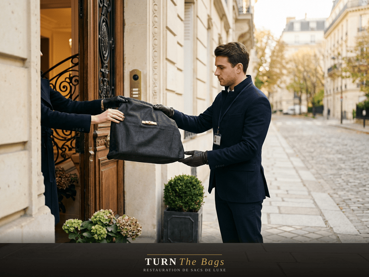 Coursier de proximité récupérant un sac de luxe à domicile à Boulogne-Billancourt