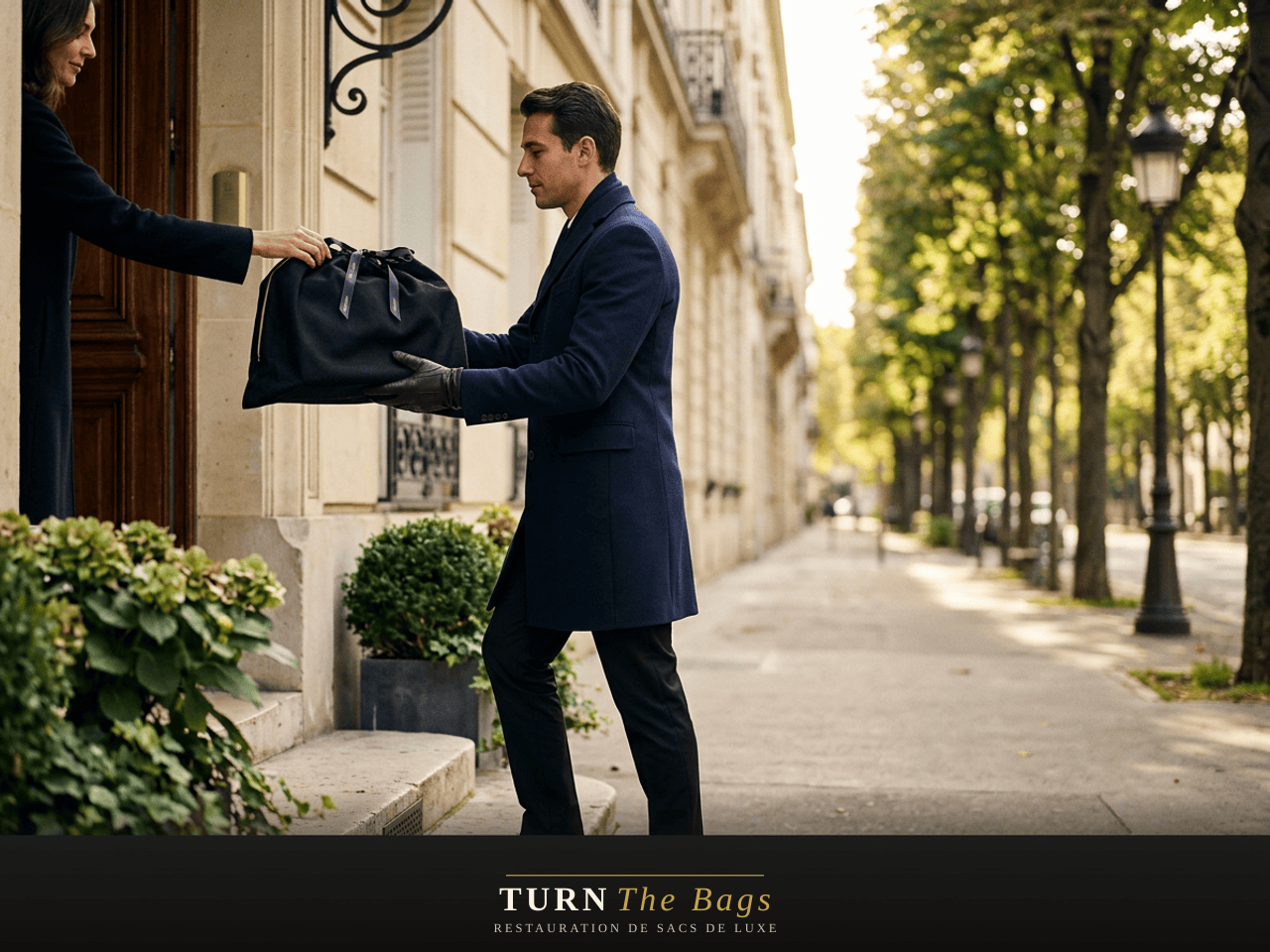 Coursier de proximité récupérant un sac de luxe à domicile à Neuilly avenue Charles de Gaulle