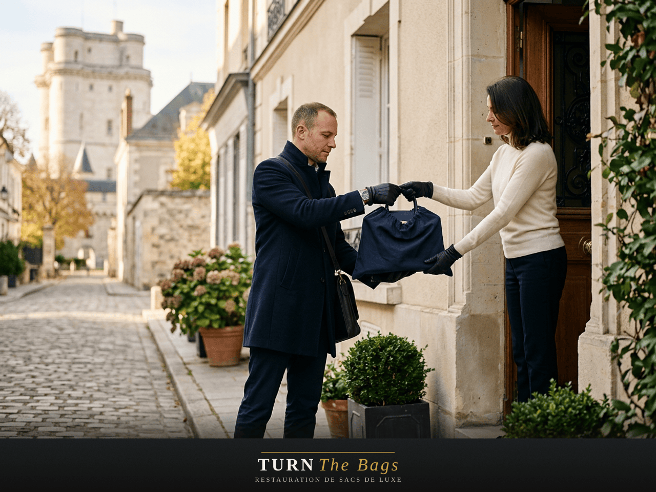 Coursier de proximité récupérant un sac de luxe à domicile à Vincennes