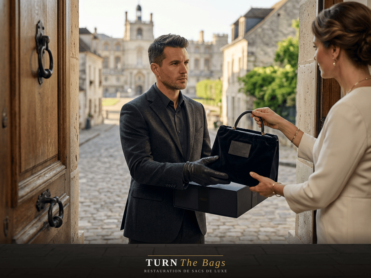 Coursier récupérant un sac de luxe à domicile à Saint-Germain-en-Laye