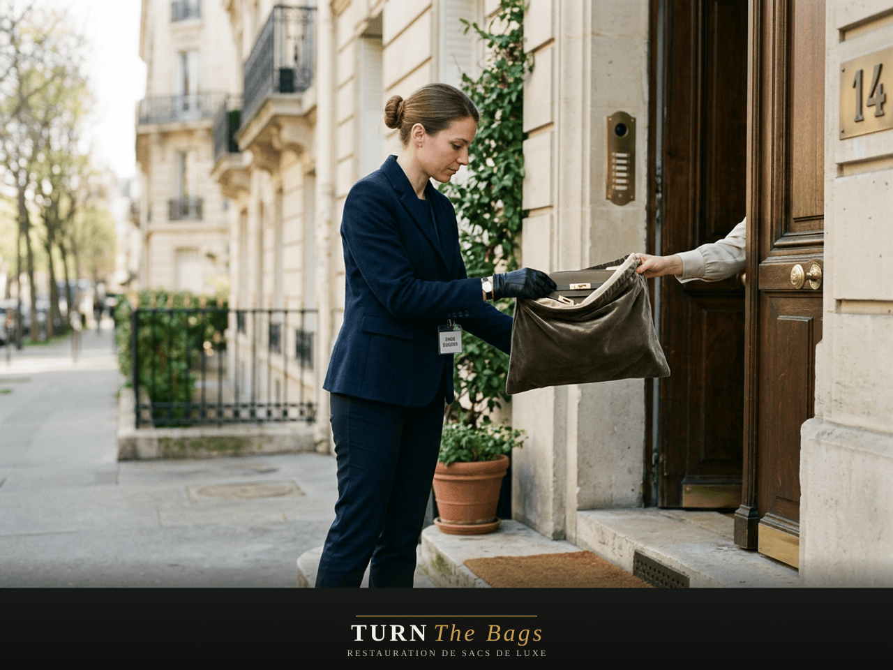 Coursier récupérant un sac de luxe à domicile à Versailles quartier Saint-Louis