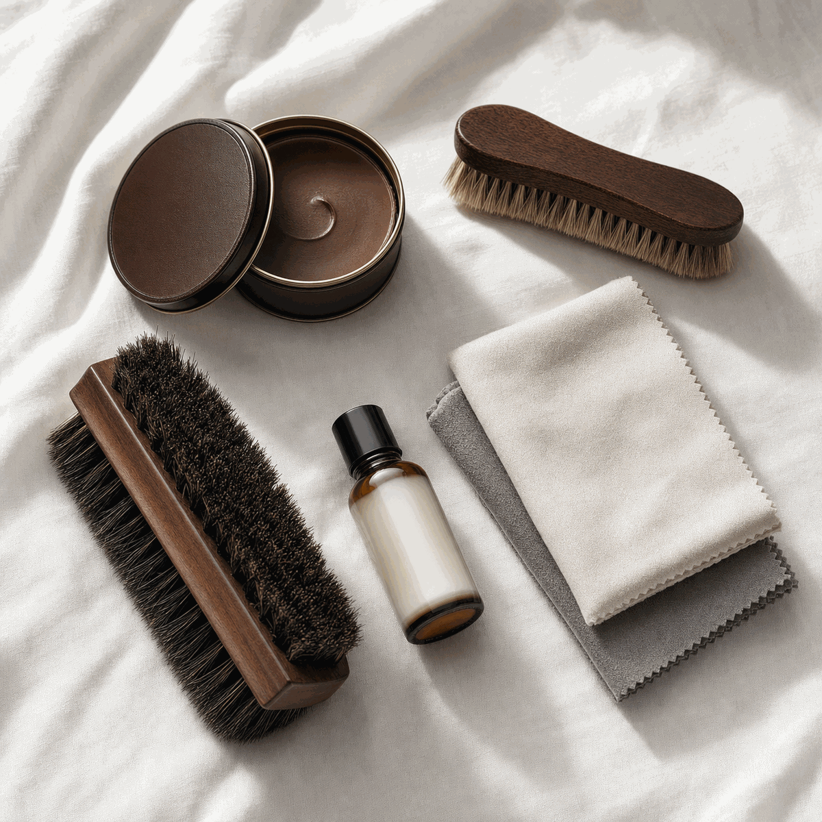 Kit d'entretien recommandé pour sac Kelly Hermès : crème universelle Saphir Médaille d'Or incolore, chiffon microfibre 400 g/m², brosse soies souples, gomme nettoyante — atelier Turn The Bags Paris 17e