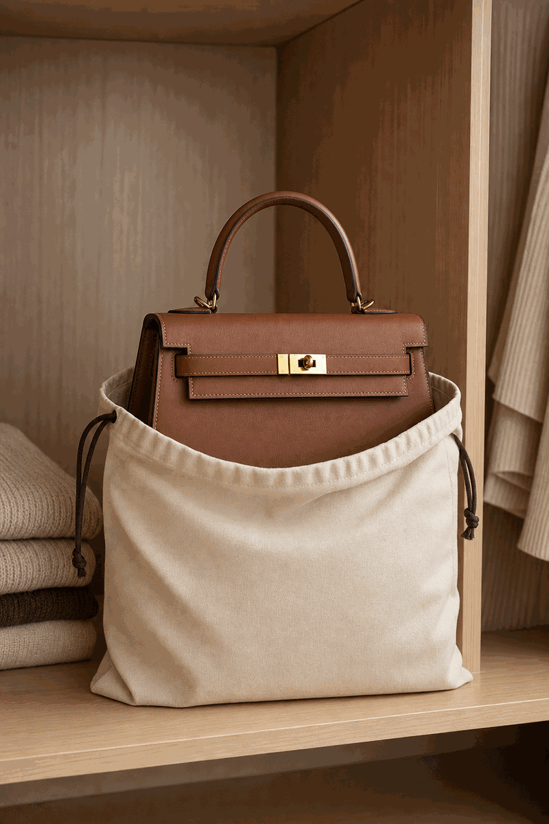 Stockage optimal d'un sac Kelly Sellier Hermès : position debout dans son dustbag coton d'origine, rembourré de papier de soie sans acide, posé dans une armoire sèche 15-20°C — conseil Turn The Bags