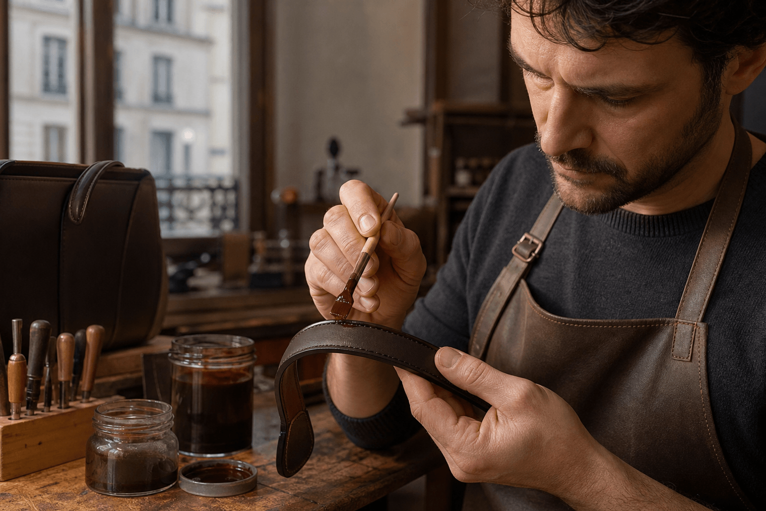 Réparation sac Burberry Note Paris — detail cuir atelier Turn The Bags