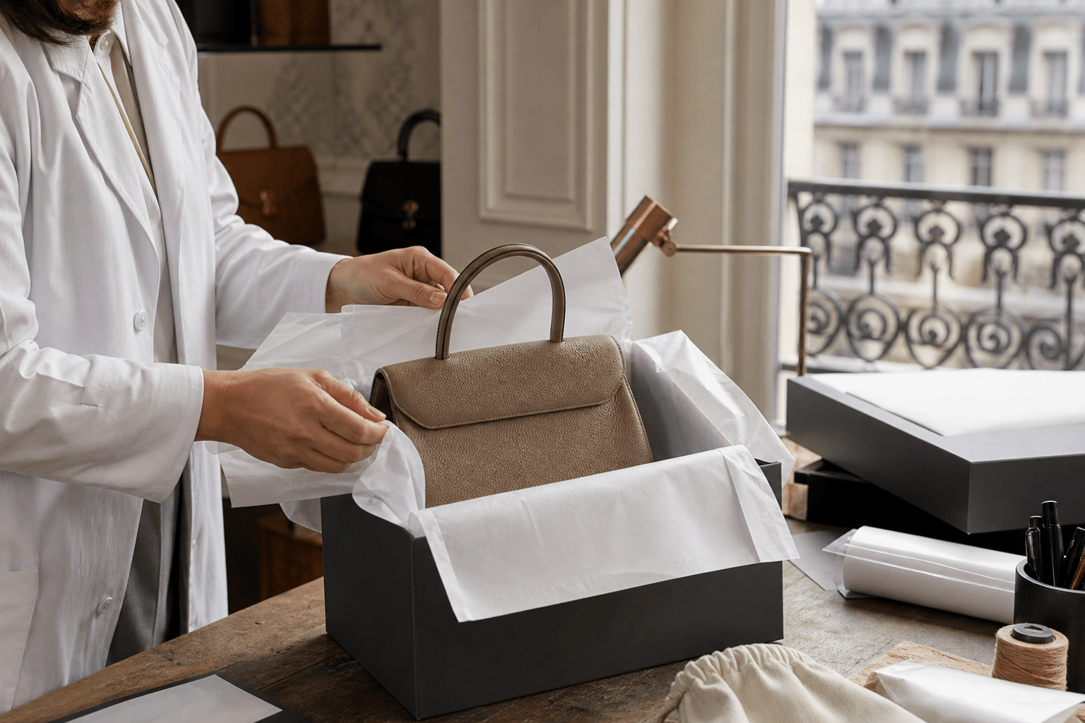 Réparation sac Burberry TB Paris — detail cuir atelier Turn The Bags