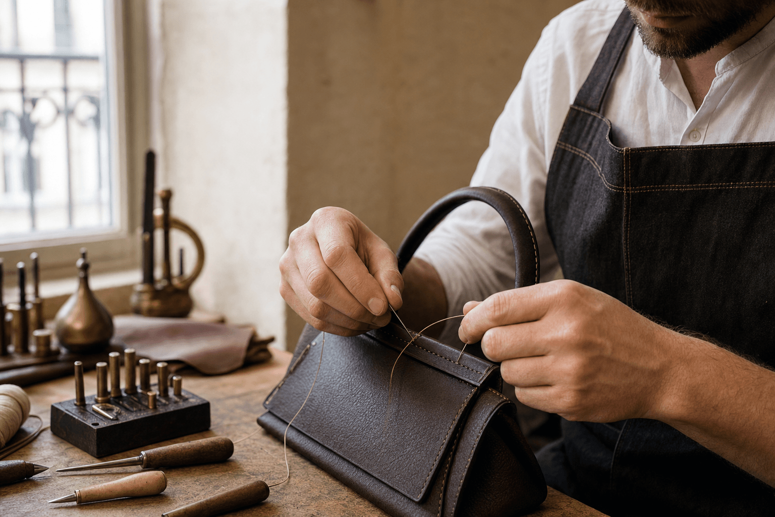Réparation sac Dior Saddle Paris — detail cuir atelier Turn The Bags