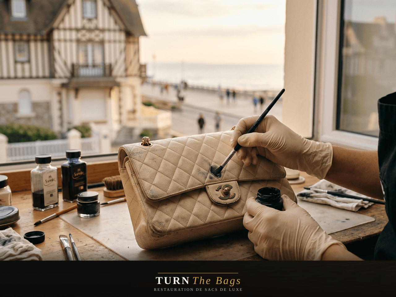 Recoloration d'un sac Chanel abîmé par l'air marin à Deauville