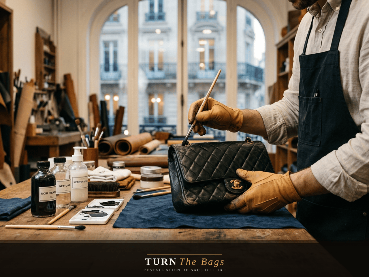 Recoloration d'un sac Chanel en cuir caviar pour une cliente nantaise