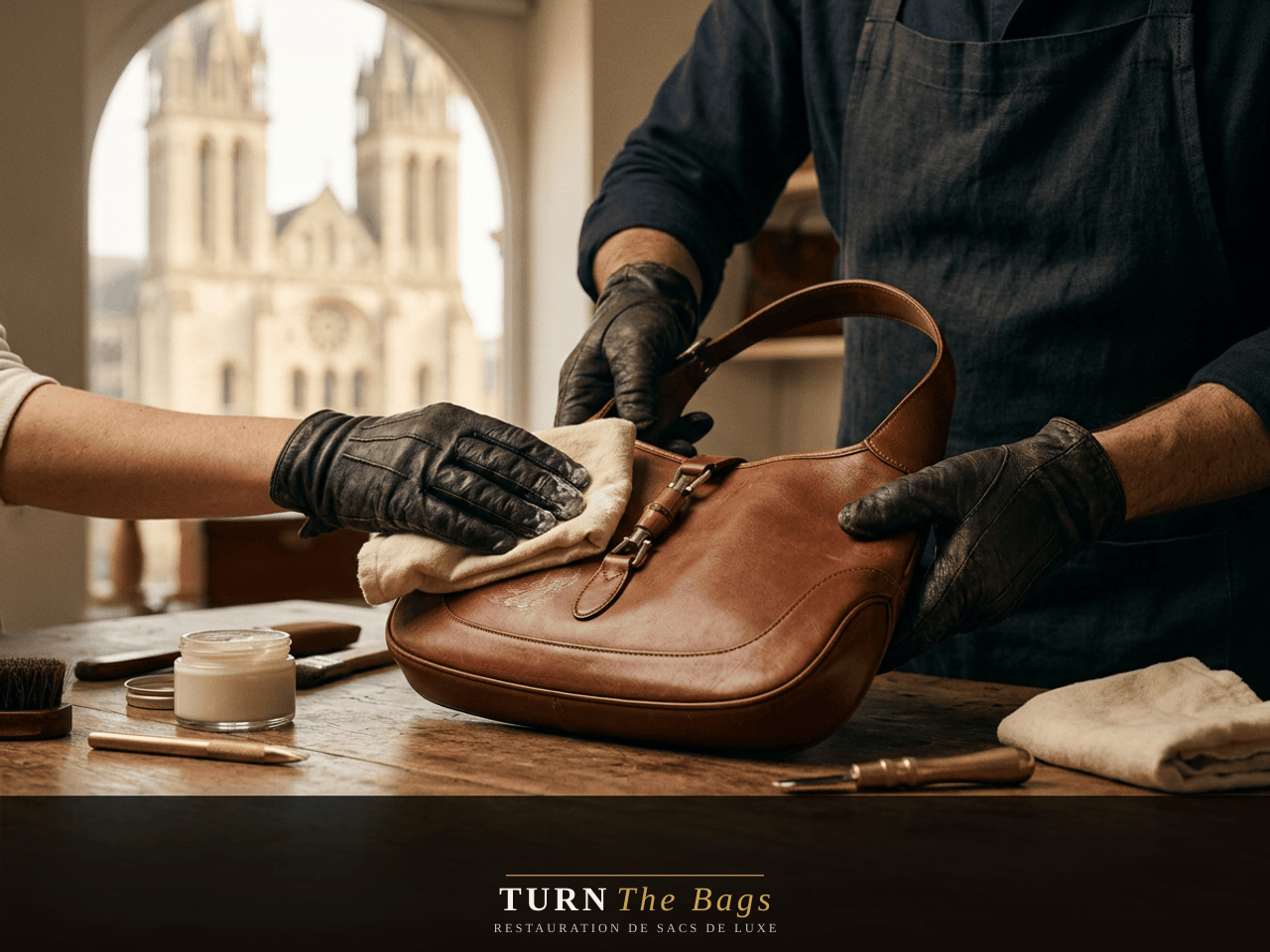 Restauration d'un sac en cuir abîmé par l'humidité normande à Caen